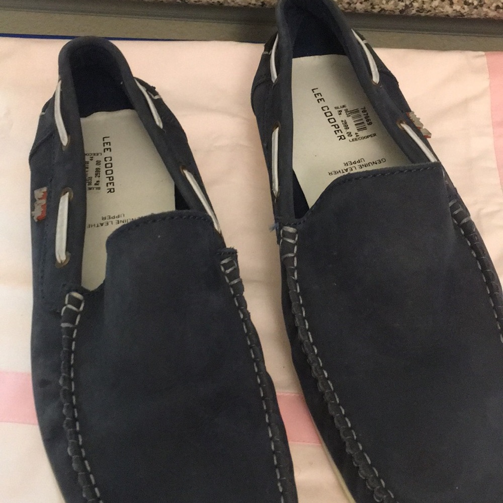 Men’s Lee Cooper Blue Leather Loafers Sz 44/10 Square Toe Slip-On Shoes